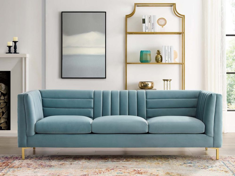 Ingenuity Channel Tufted Spill Resistant Velvet Sofa Light Blue by Modway